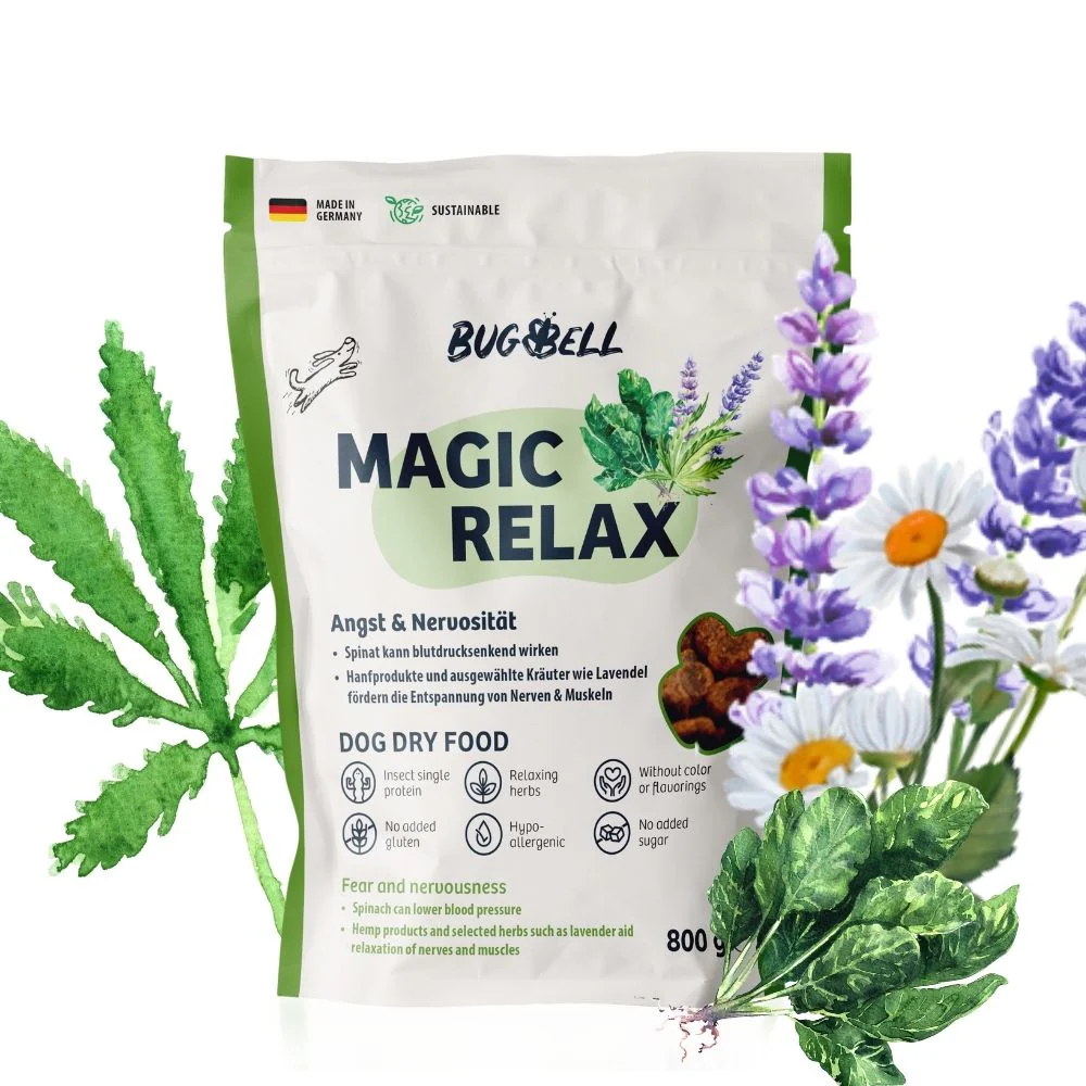 Ração BugBell MagicRelax - Hipoalergénica, sem cereais, com proteínas de insectos, cânhamo, ervas e ómega 3