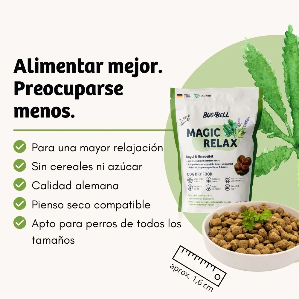 Ração BugBell MagicRelax - Hipoalergénica, sem cereais, com proteínas de insectos, cânhamo, ervas e ómega 3 - Image 2