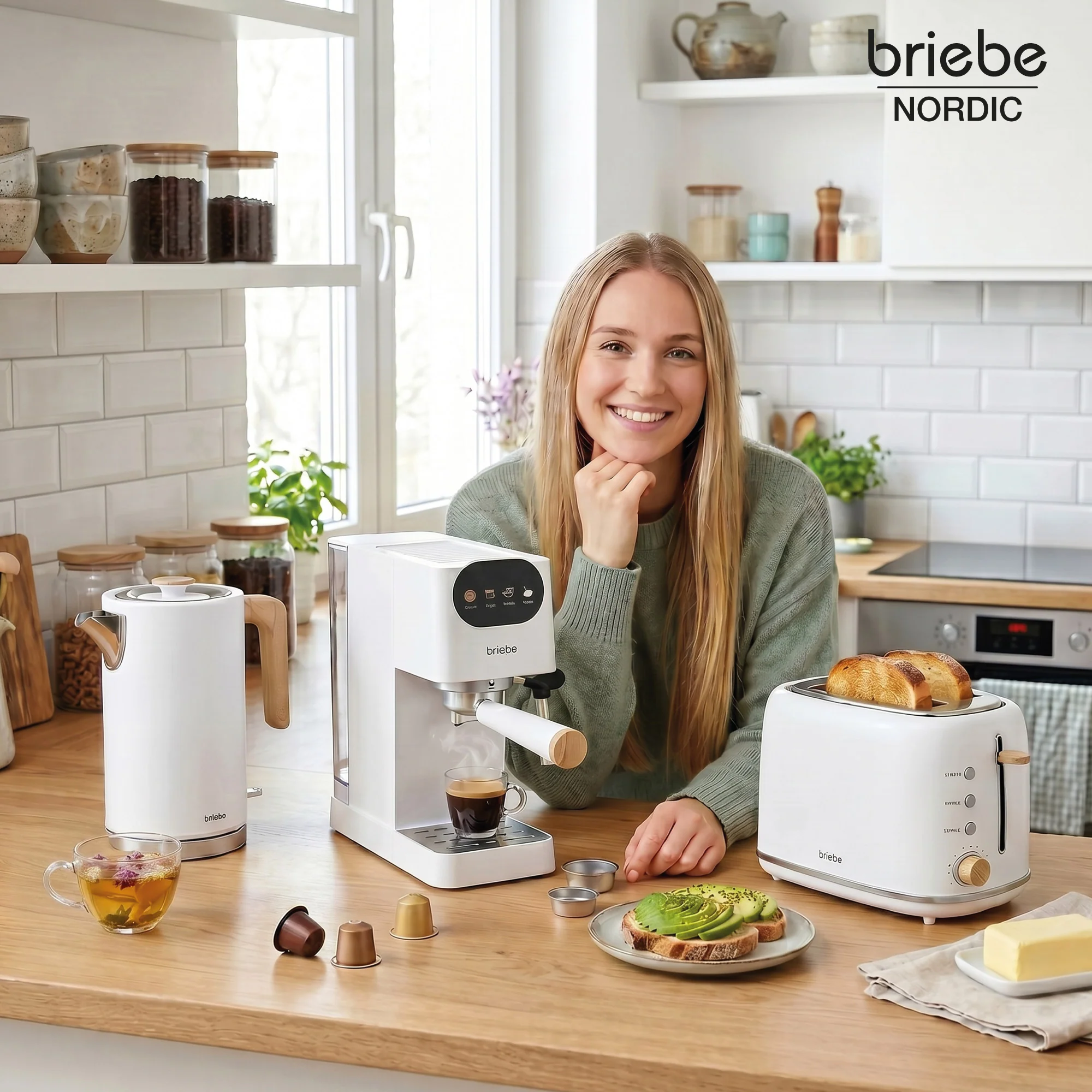 Briebe Nordic Conjunto Máquina De Café De 20 Bar Cápsulas E Café Moído + Chaleira Elétrica 1,7l + Torradeira De Pão 2 Fendas Largas, Skt1209wht, Branco 1350w - Image 2