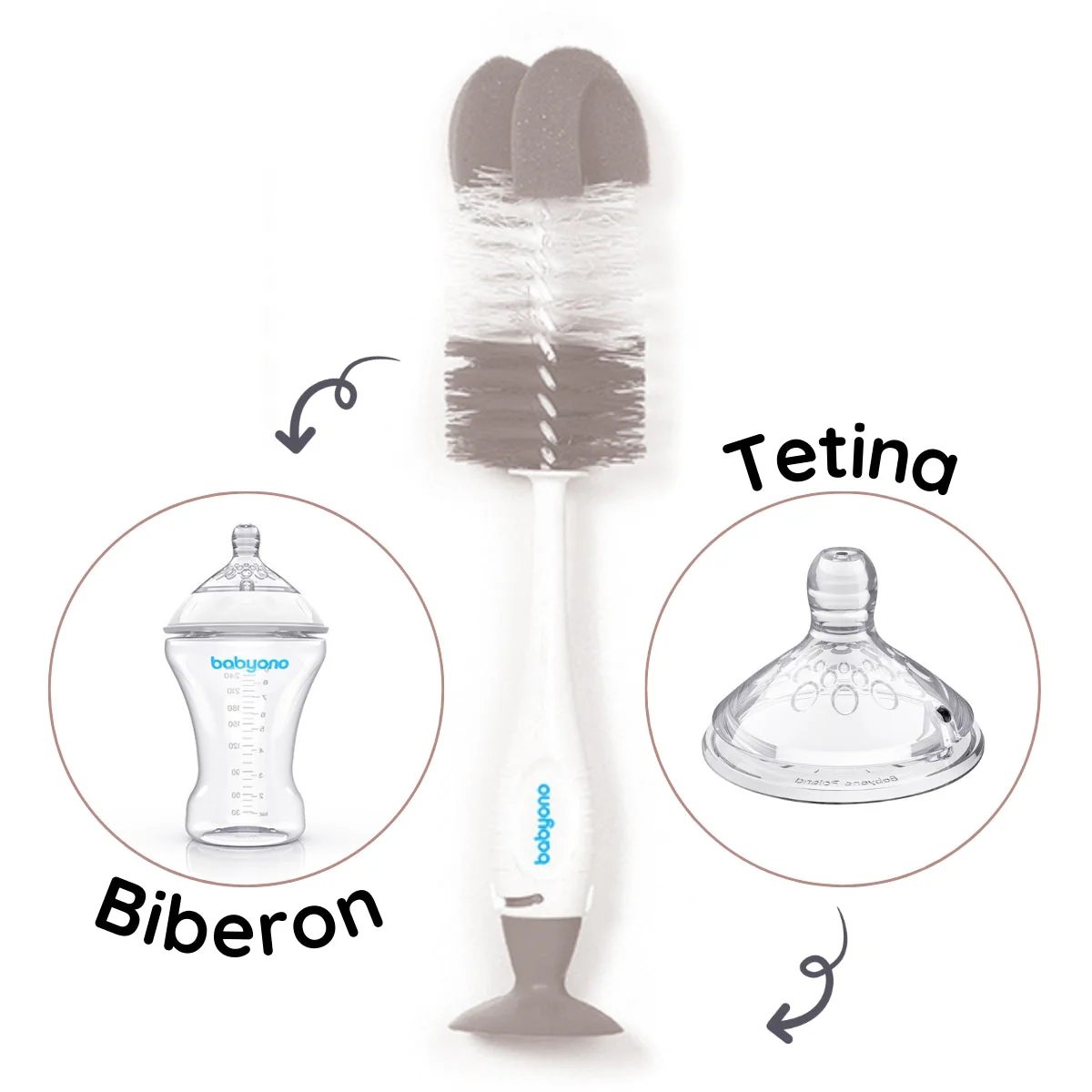 Escova de limpeza de biberões e tetinas com ventosa Cinzento - Image 2
