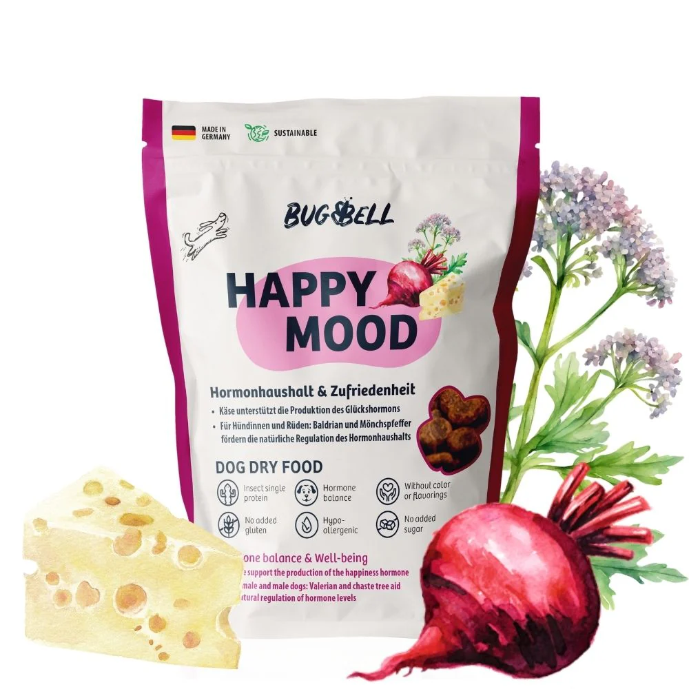 BugBell HappyMood Feed - hipoalergénico, sem cereais, com proteínas de insectos, beterraba, vitex e valeriana.