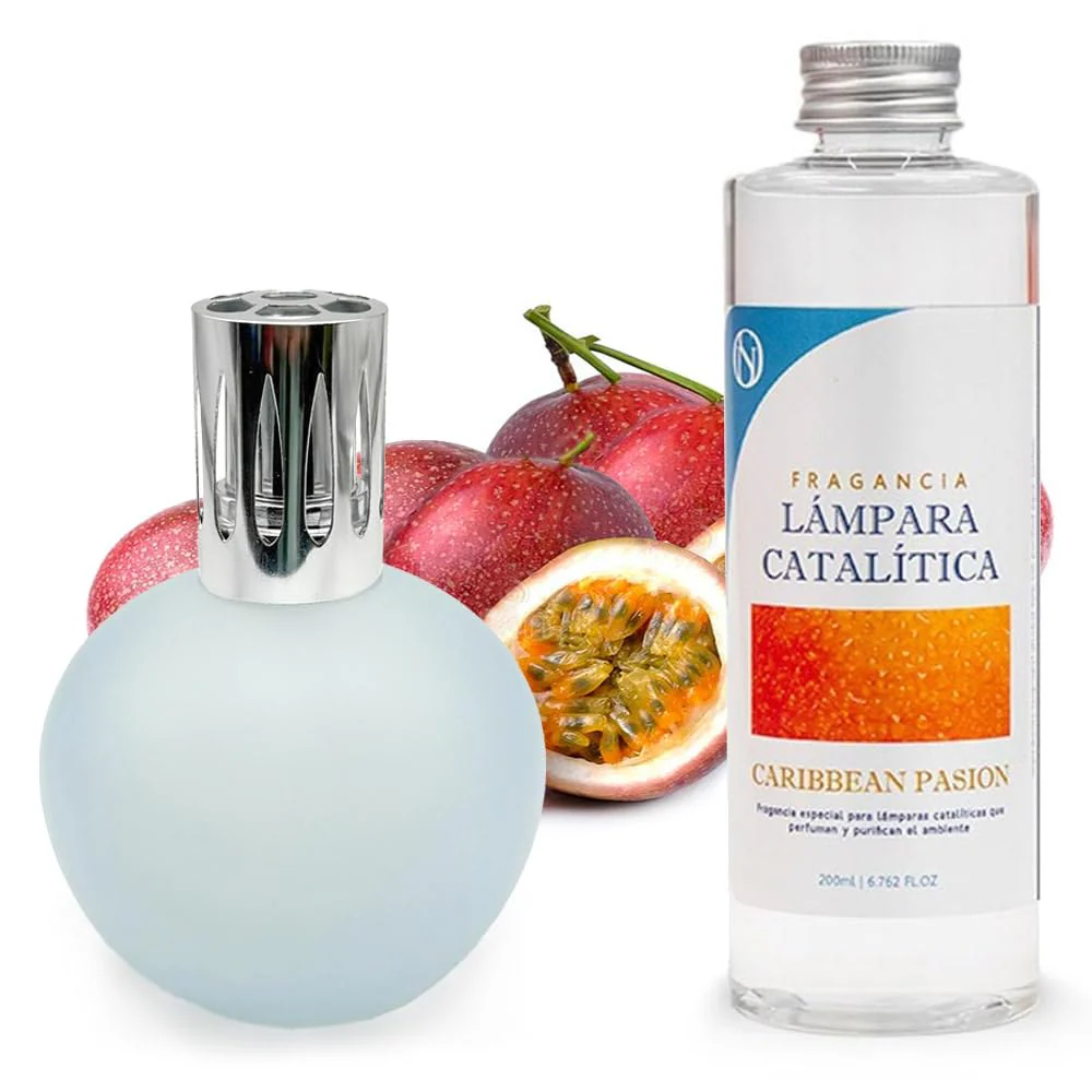 Lâmpada Catalítica Azul Acinzentado Mate + Aroma Caribbean Passion 500ml - Elimina Odores, Impurezas E Perfuma