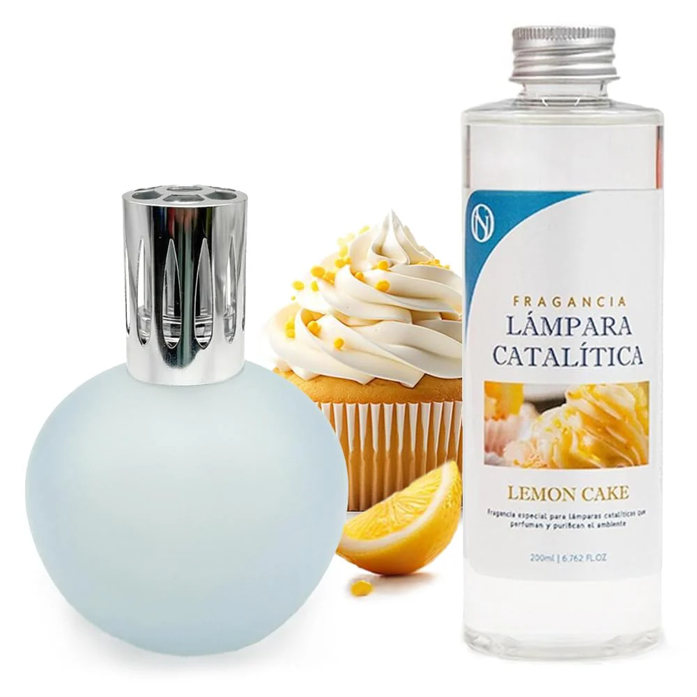 Lâmpada Catalítica Azul Acinzentado Mate + Aroma Lemon Cake 500ml - Elimina Odores, Impurezas E Perfuma