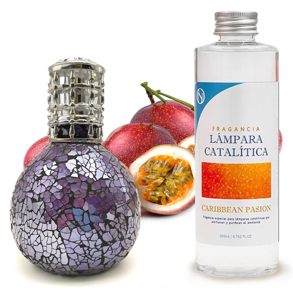 Lâmpada Catalítica De Mosaico Azul Oceano + Fragrância Aroma Caribbean Passion 500 Ml - Elimina Os Maus Odores E Perfuma