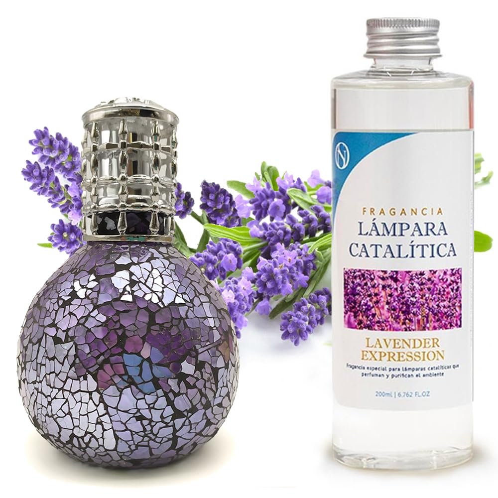 Lâmpada Catalítica De Mosaico Azul Oceano + Fragrância Aroma Lavender Expression 500ml -  Elimina Maus Odores E Perfuma