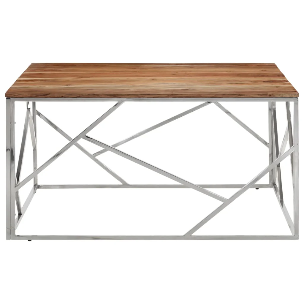 Mesa de centro em aço inoxidável e madeira maciça de acácia prateada
