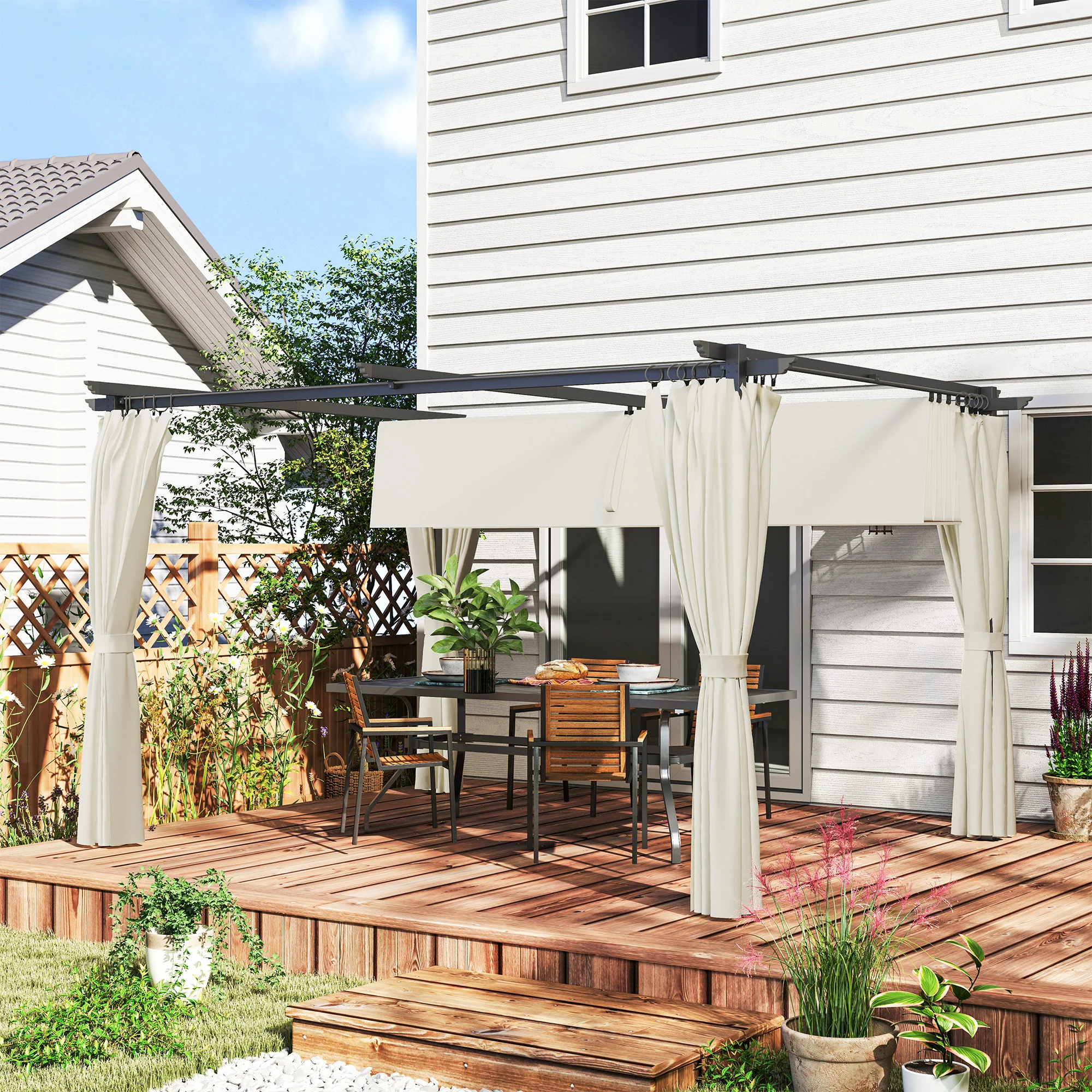 Outsunny Pérgola Con Techo Retráctil 4x3 M Paredes Laterales Anti-uv Crema - Image 2