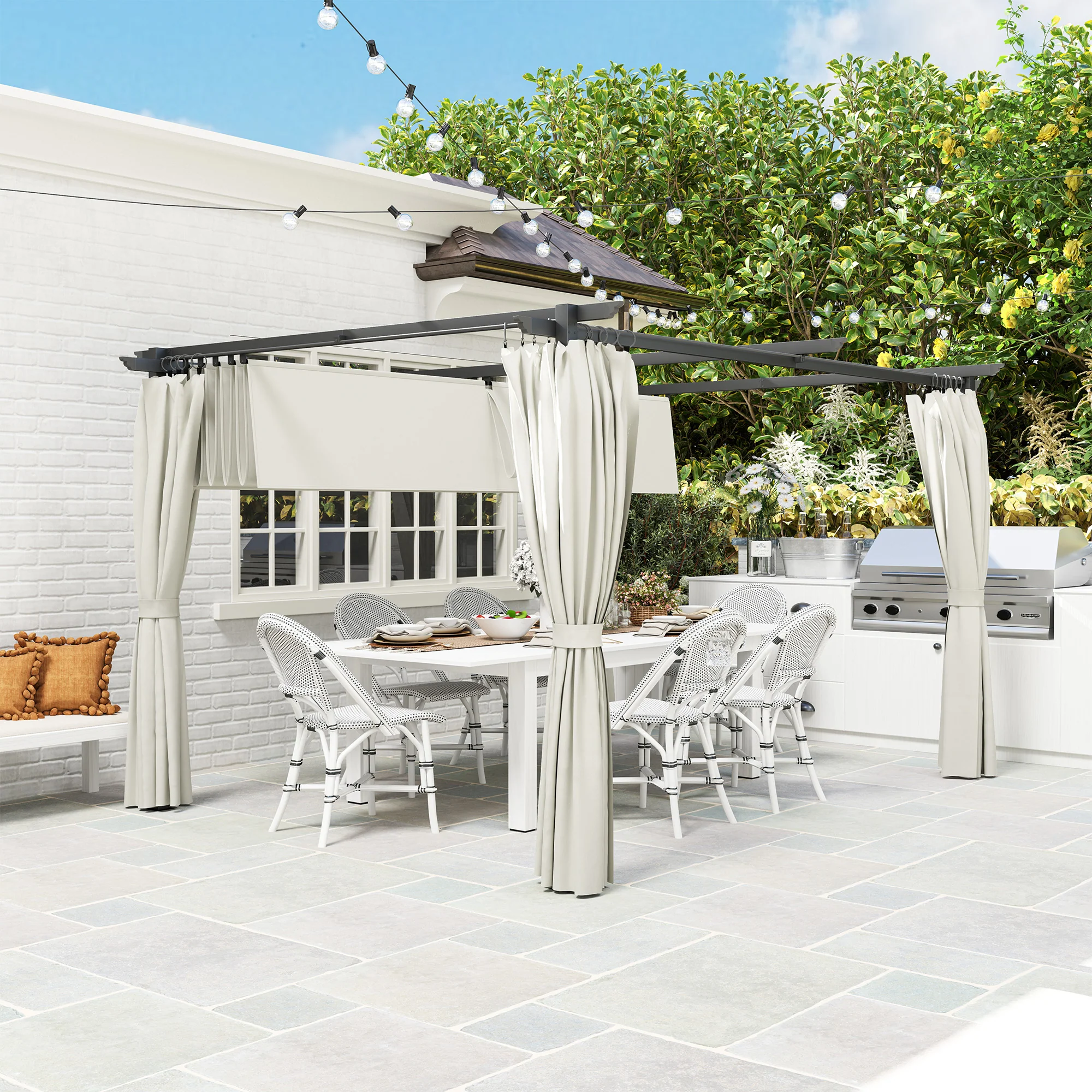 Outsunny Pérgola Con Techo Retráctil 4x3 M Paredes Laterales Anti-uv Crema - Image 4