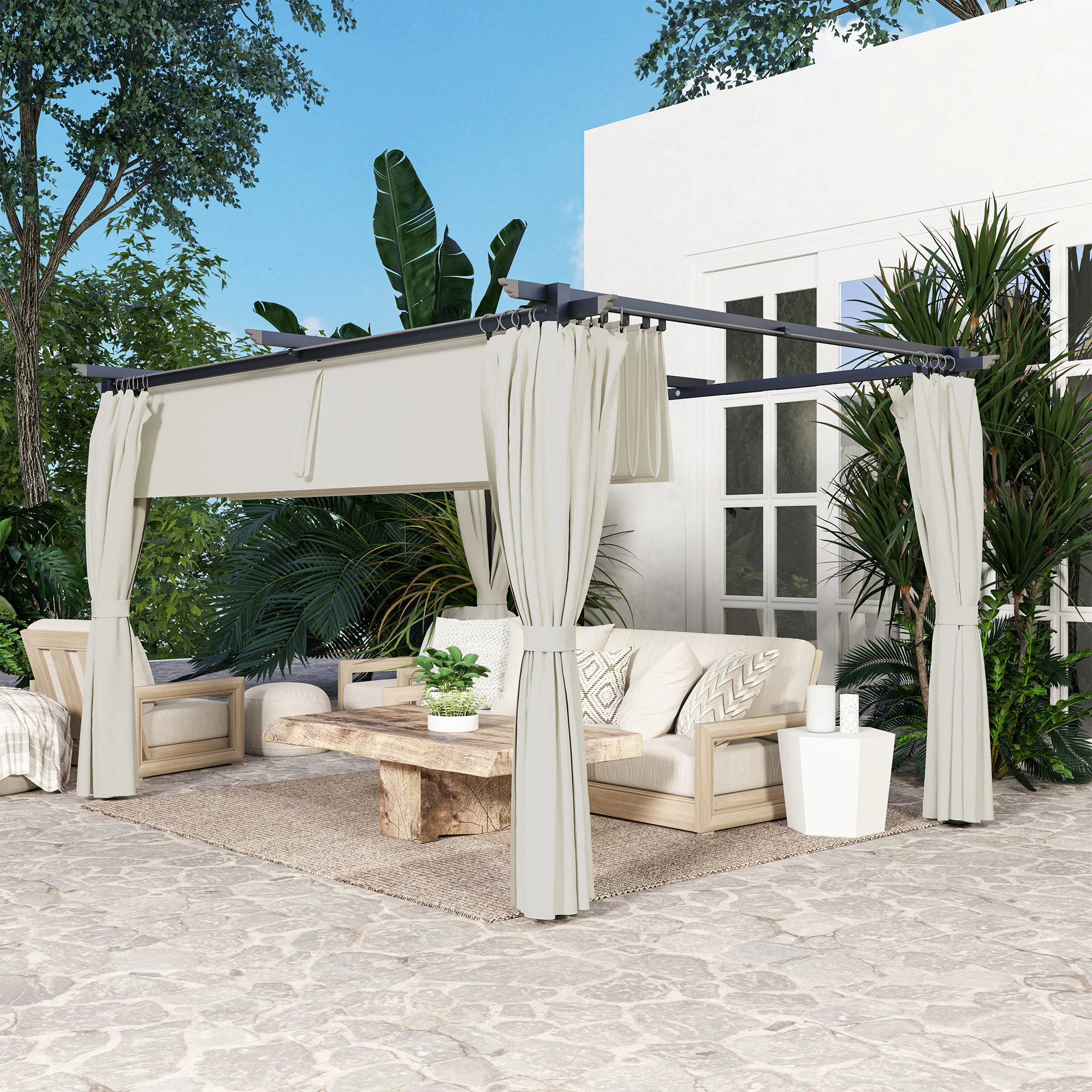 Outsunny Pérgola Con Techo Retráctil 4x3 M Paredes Laterales Anti-uv Crema - Image 5