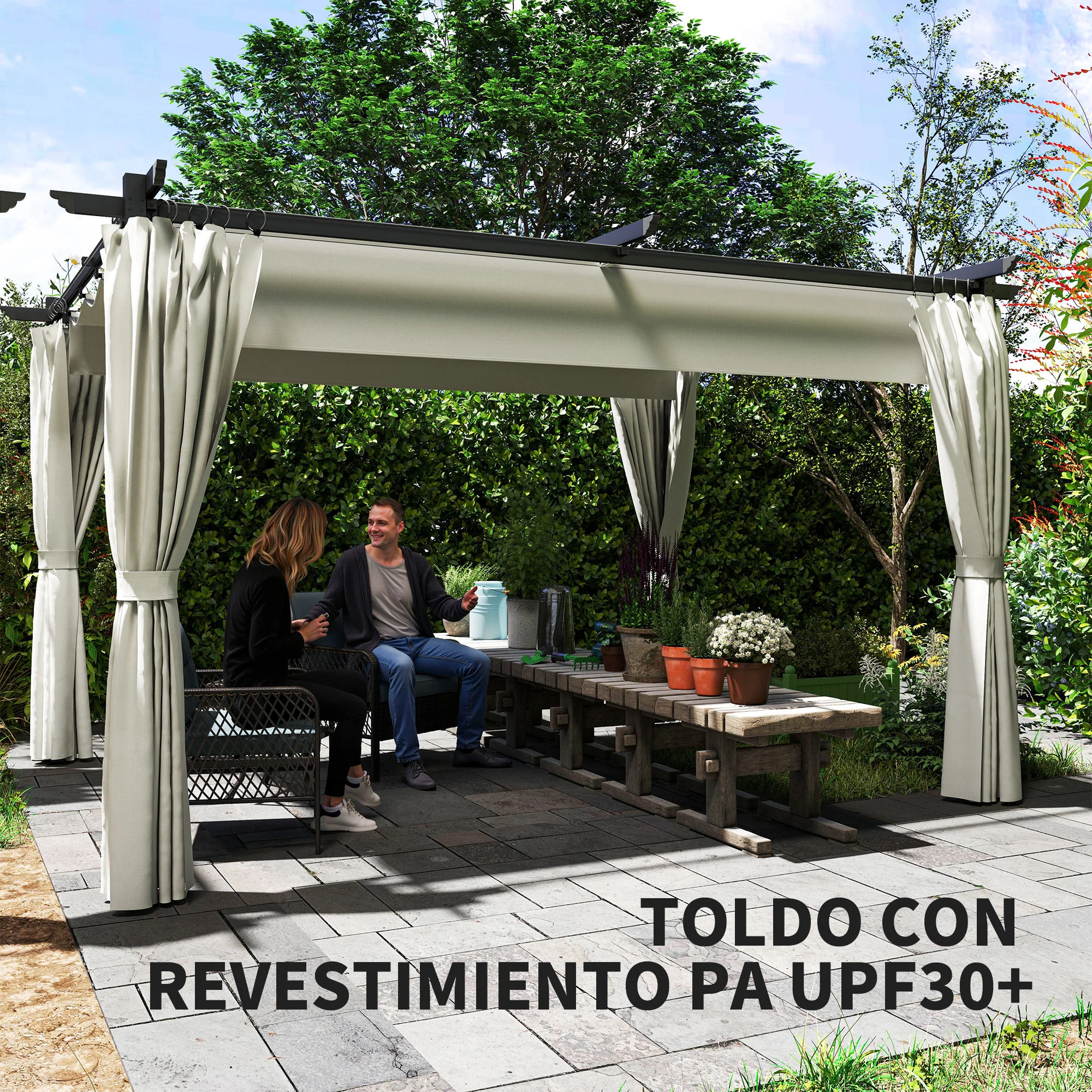 Outsunny Pérgola Con Techo Retráctil 4x3 M Paredes Laterales Anti-uv Crema - Image 6