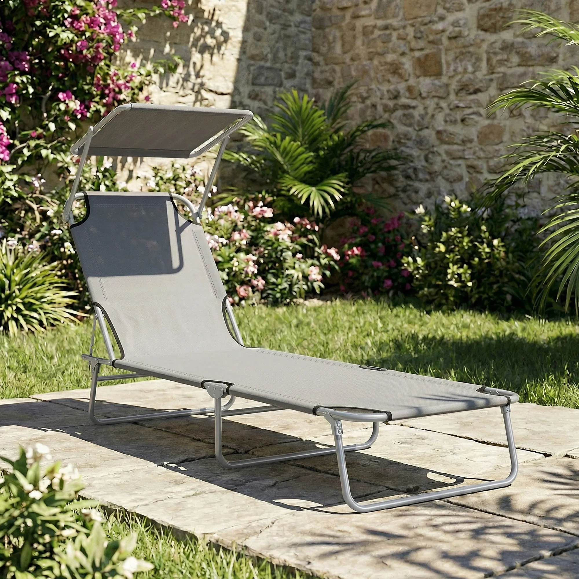 Outsunny Tumbona De Jardín Plegable Con Toldo Desmontable 187x58x36cm Gris Claro - Image 2