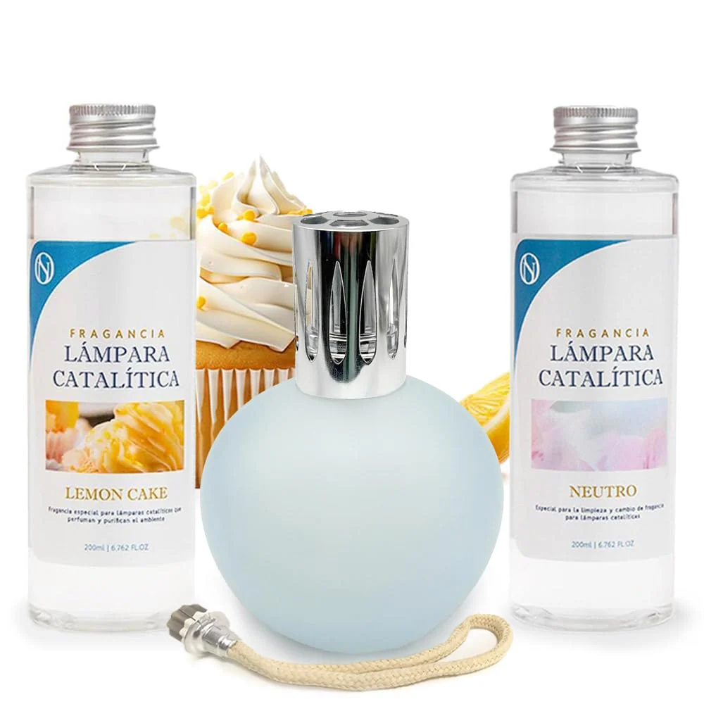 Pack Lâmpada Catalítica Azul Acinzentado Mate + Aroma Lemon Cake 200ml + Produto Neutro 200ml + Pavio Substituição