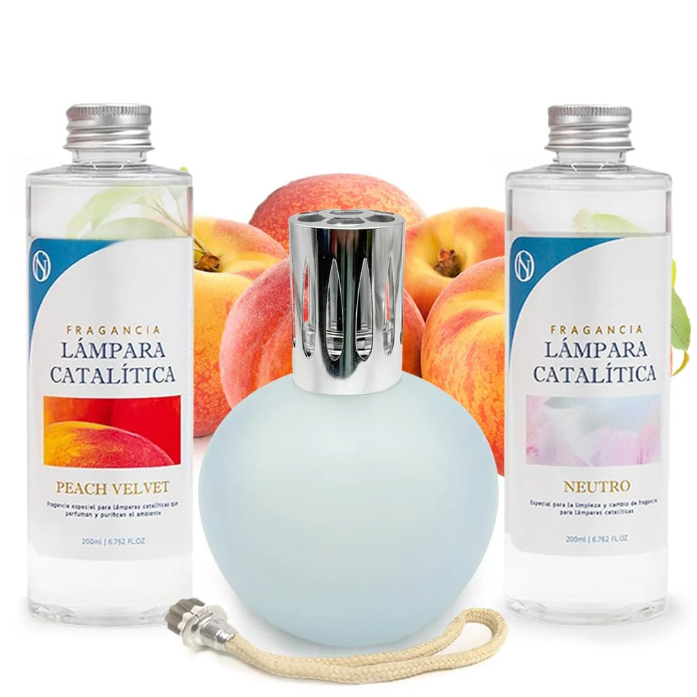 Pack Lâmpada Catalítica Azul Acinzentado Mate + Aroma Peach Velvet 200ml + Produto Neutro 200ml + Pavio Substituição