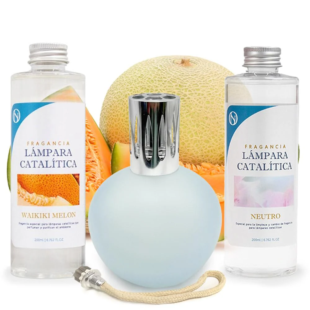 Pack Lâmpada Catalítica Azul Acinzentado Mate + Aroma Waikiki Melon 200ml + Produto Neutro 200ml + Pavio Substituição