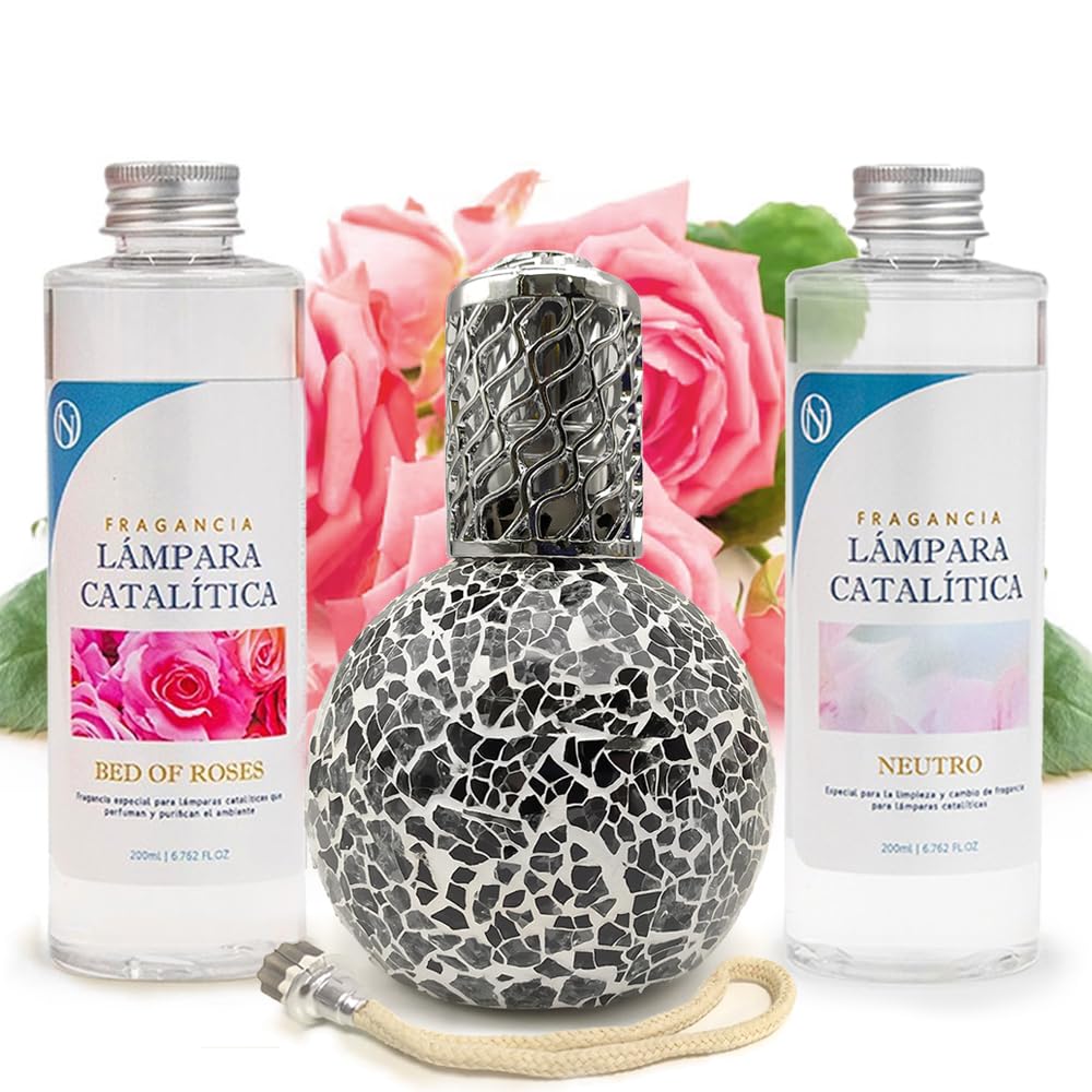 Pack Lâmpada Catalítica Mosaico Negro + Fragrância Bed Of Roses 500ml + Produto Neutro 200ml + Pavio De Substituição