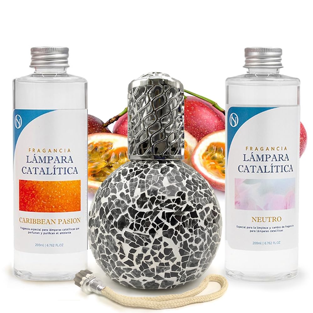 Pack Lâmpada Catalítica Mosaico Preto + Fragrância Caribbean Passion 200ml + Produto Neutro 200ml + Pavio Substituição