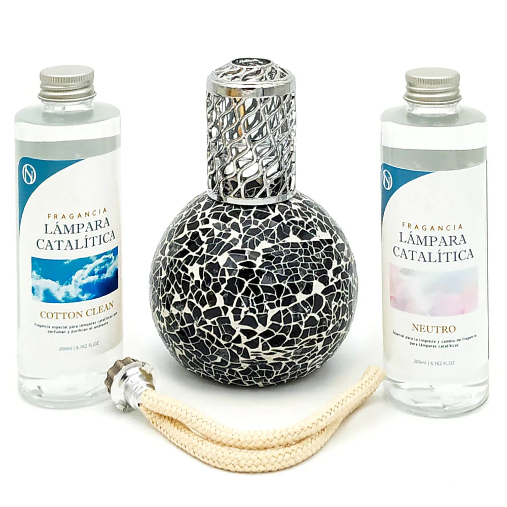 Pack Lâmpada Catalítica Mosaico Preto + Fragrância Cotton Clean 500ml + Produto Neutro 200ml + Pavio De Substituição