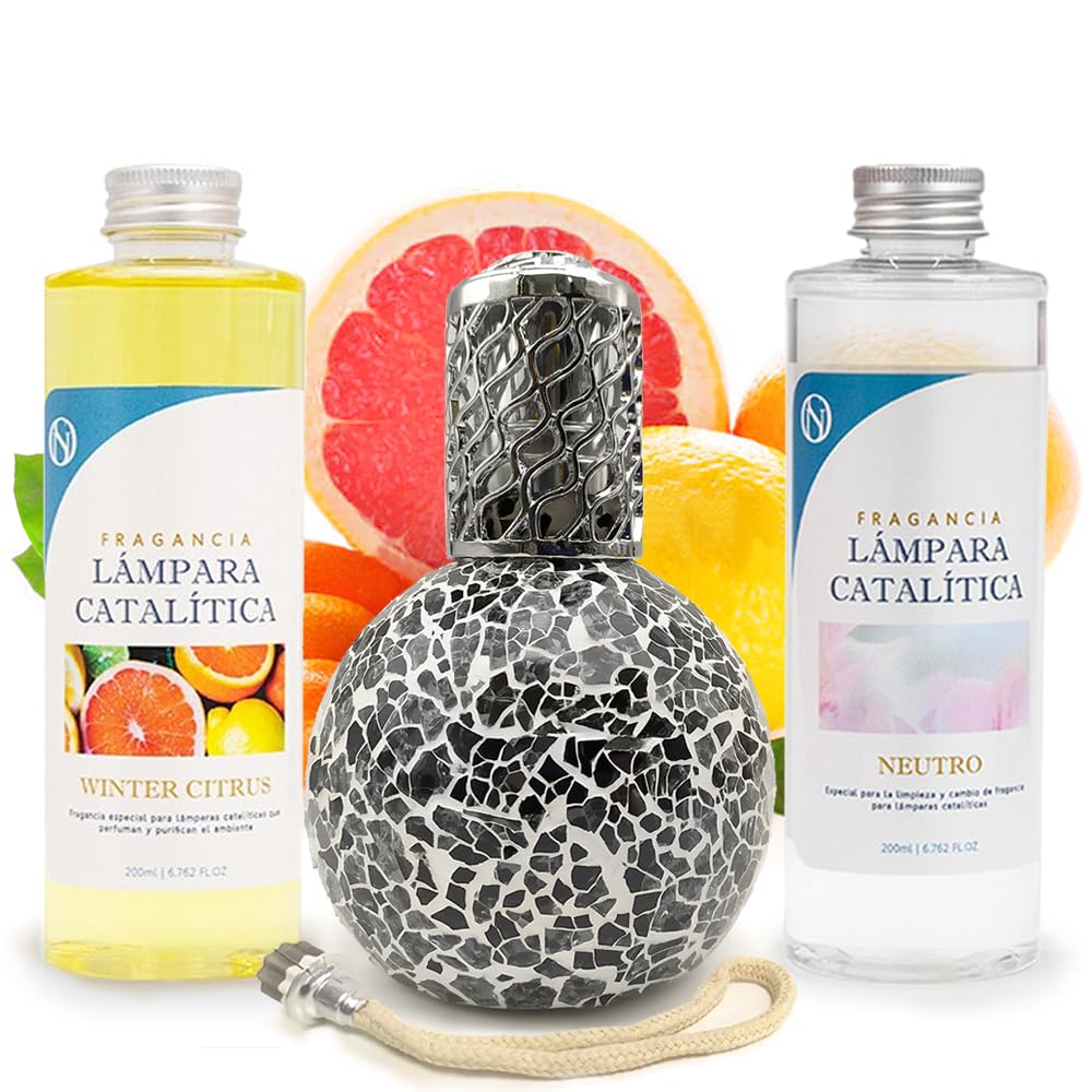 Pack Lâmpada Catalítica Mosaico Preto + Fragrância De Winter Citrus 200ml + Produto Neutro 200ml + Pavio De Substituição