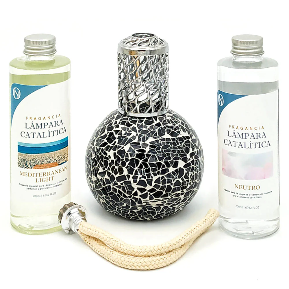 Pack Lâmpada Catalítica Mosaico Preto + Fragrância Mediterranean Light 500ml + Limpeza Neutro 200ml + Pavio Substituição