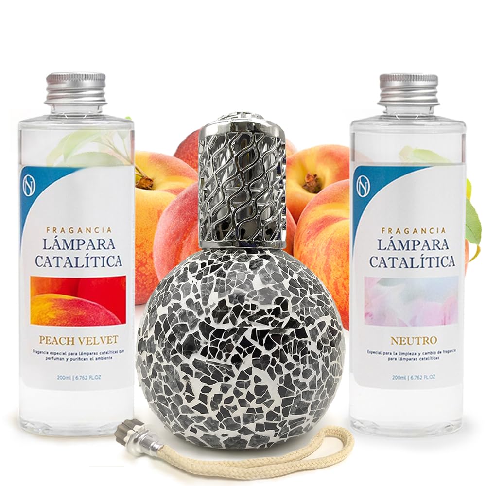 Pack Lâmpada Catalítica Mosaico Preto + Fragrância Peach Velvet 500ml + Produto Neutro 200ml + Pavio Substituiçao