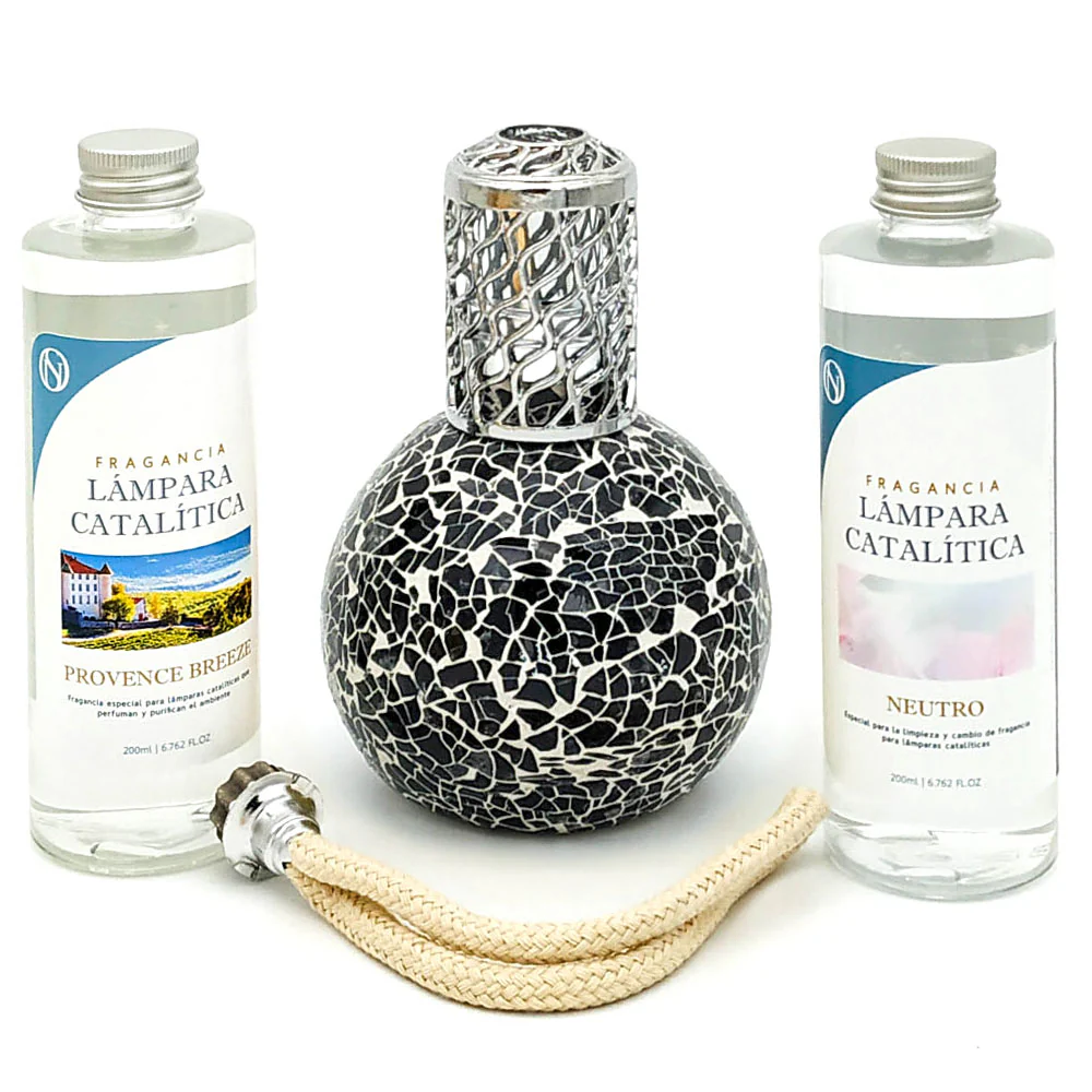 Pack Lâmpada Catalítica Mosaico Preto + Fragrância Provence Breeze 200ml + Produto Neutro 200ml + Pavio Substituição