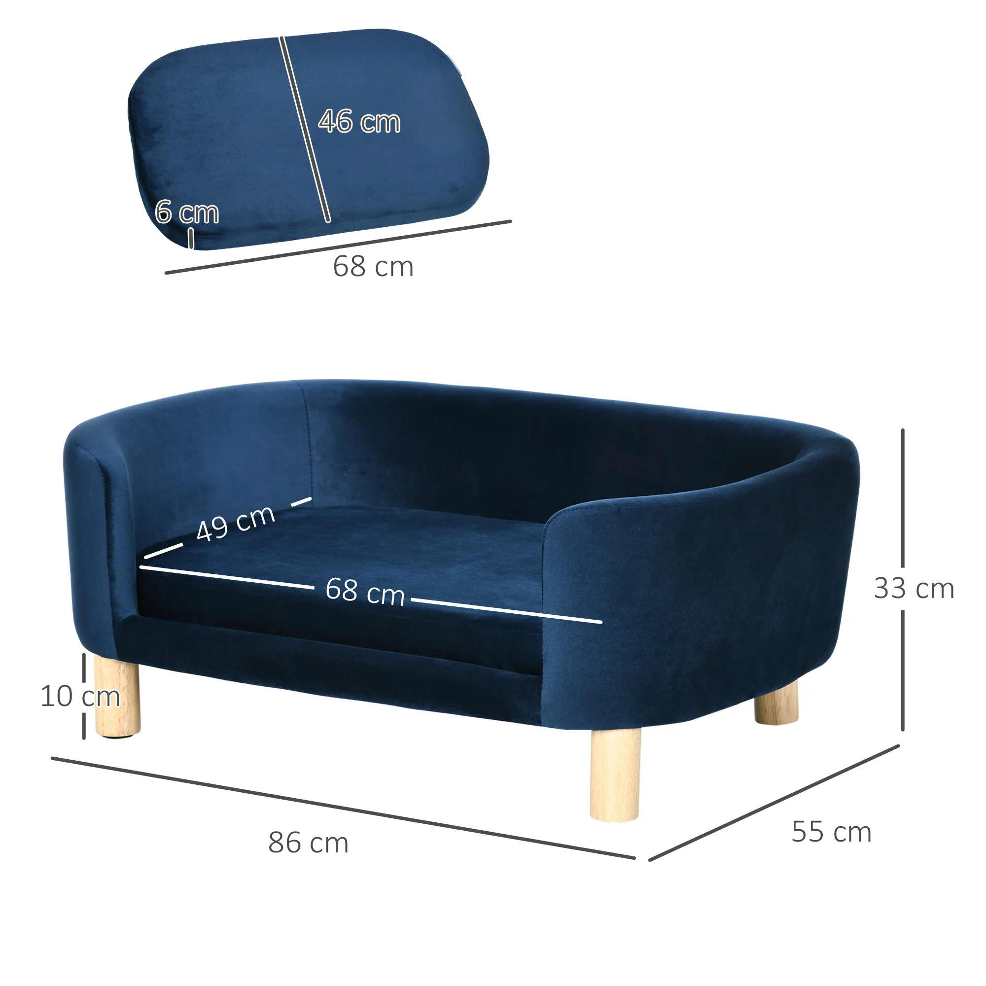 Pawhut Sofá Para Perros Pequeños Con Patas De Madera 86x55x33 Cm Azul - Image 3