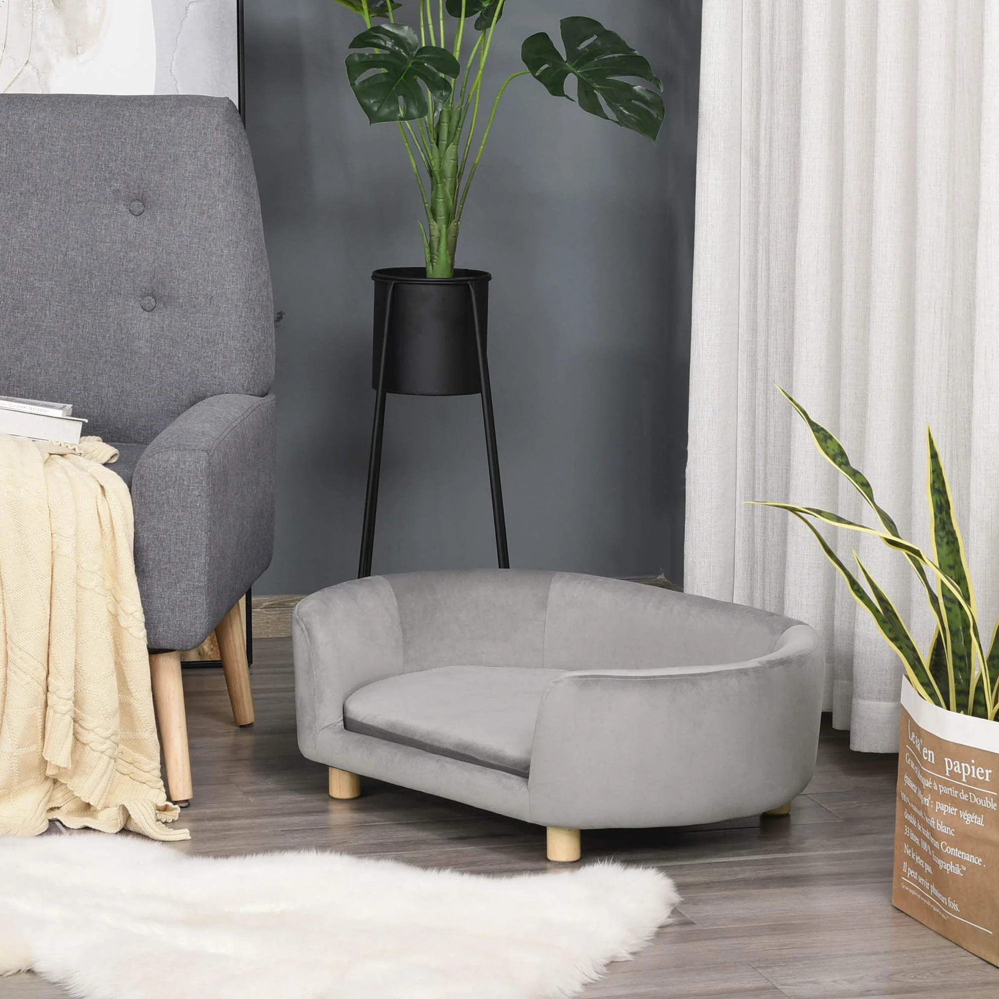 Pawhut Sofá Para Perros Pequeños Con Patas De Madera 86x55x33 Cm Gris Claro - Image 2