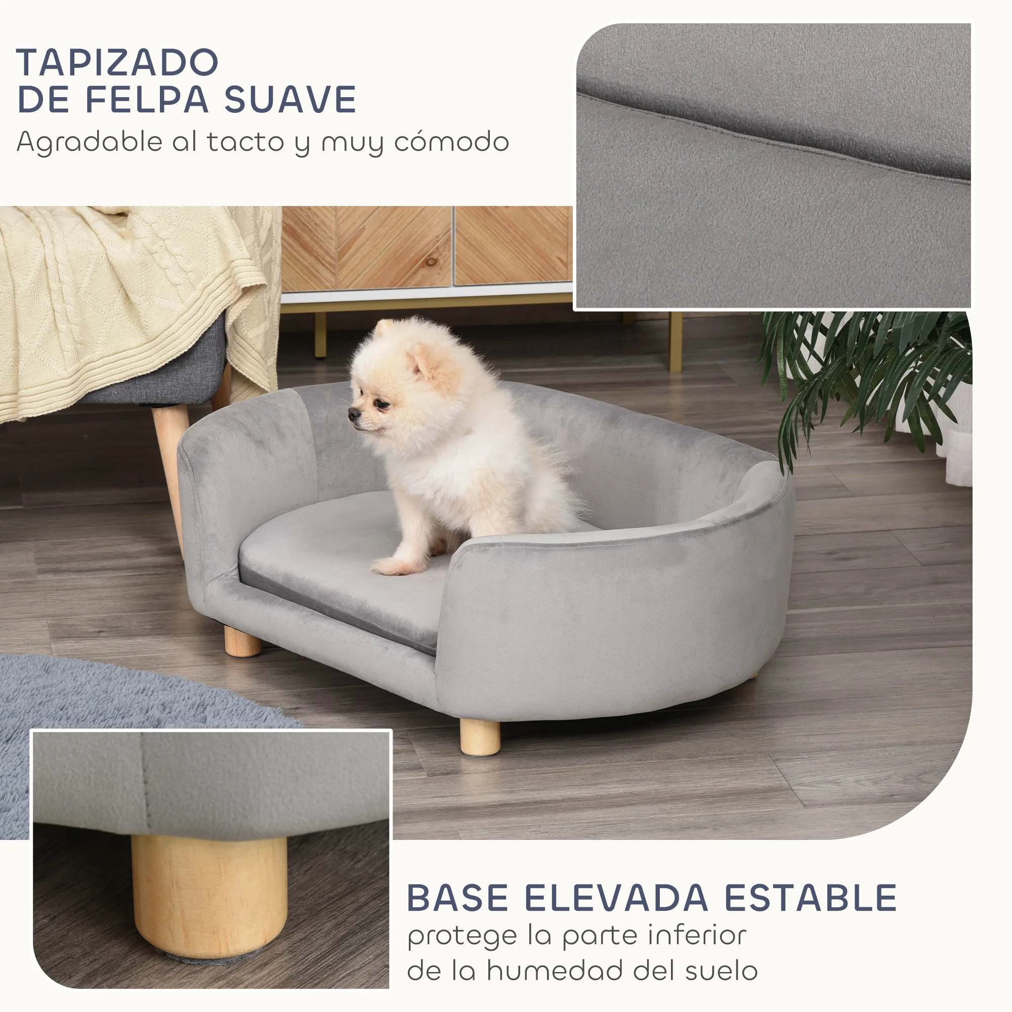 Pawhut Sofá Para Perros Pequeños Con Patas De Madera 86x55x33 Cm Gris Claro - Image 6