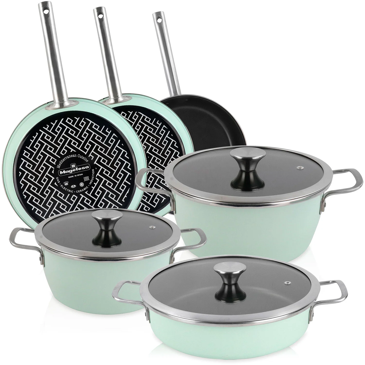 Trem De Cozinha Indução De 9 Peças, Antiaderente 3 Panelas, 3 Frigideiras, Magefesa Nordic, Verde