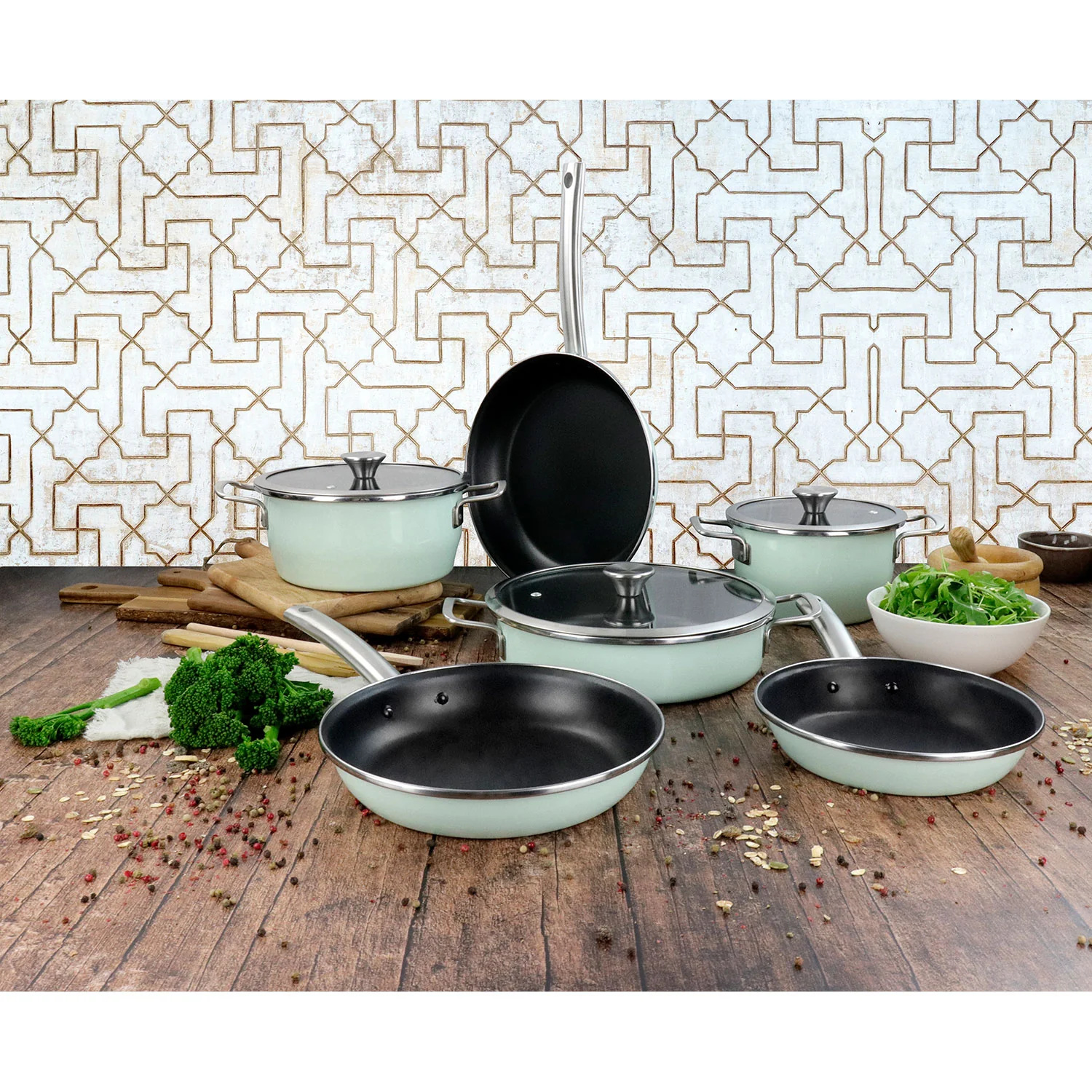 Trem De Cozinha Indução De 9 Peças, Antiaderente 3 Panelas, 3 Frigideiras, Magefesa Nordic, Verde - Image 2