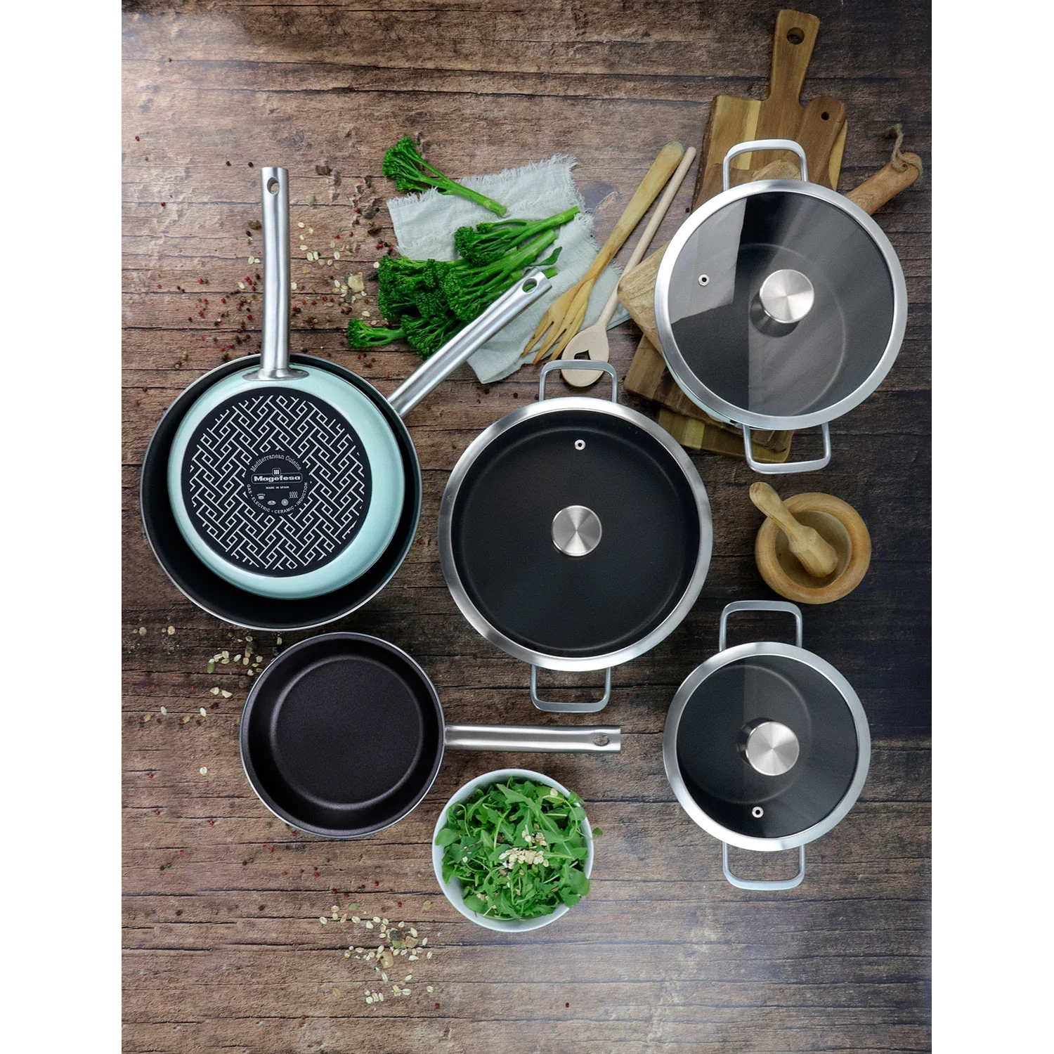 Trem De Cozinha Indução De 9 Peças, Antiaderente 3 Panelas, 3 Frigideiras, Magefesa Nordic, Verde - Image 3