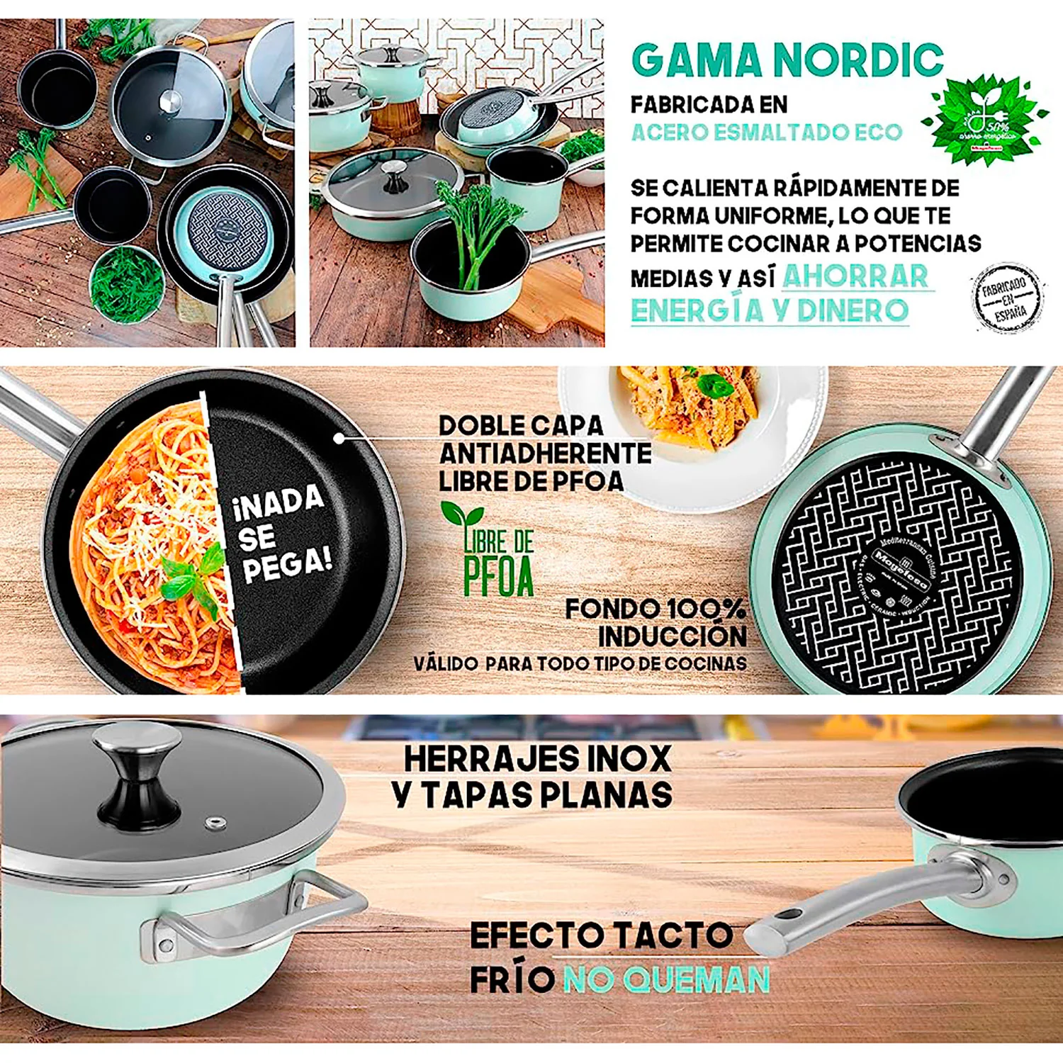 Trem De Cozinha Indução De 9 Peças, Antiaderente 3 Panelas, 3 Frigideiras, Magefesa Nordic, Verde - Image 4