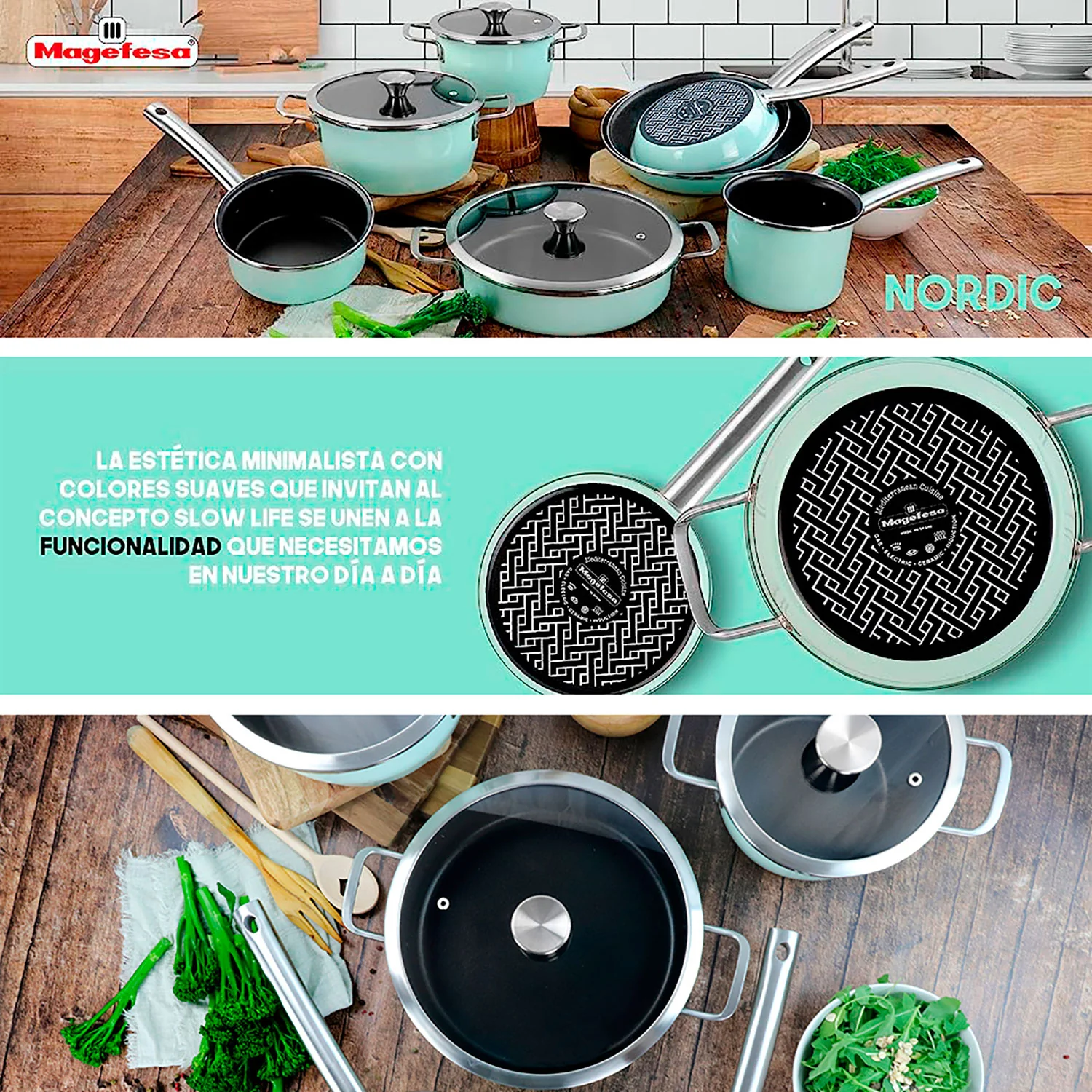 Trem De Cozinha Indução De 9 Peças, Antiaderente 3 Panelas, 3 Frigideiras, Magefesa Nordic, Verde - Image 5