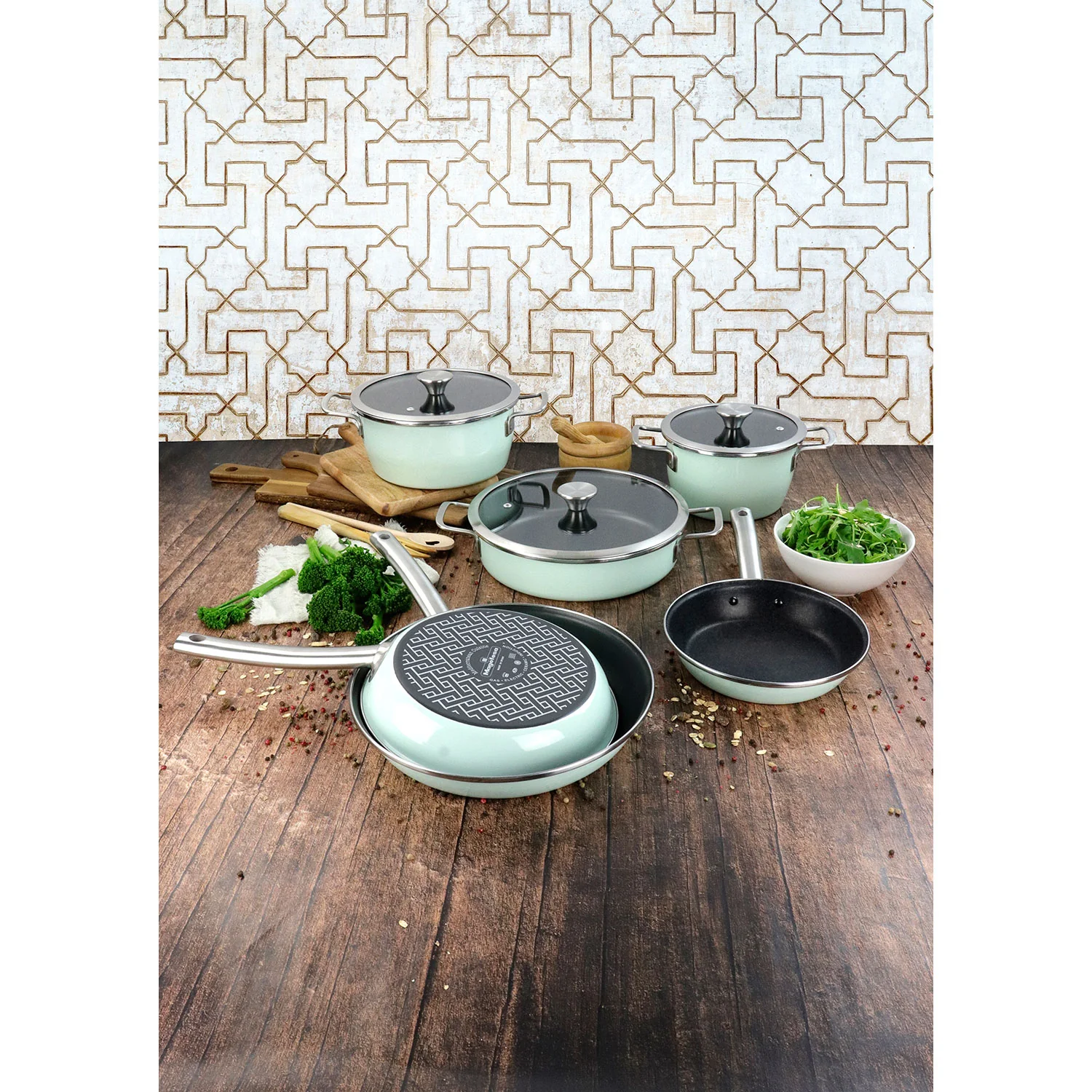 Trem De Cozinha Indução De 9 Peças, Antiaderente 3 Panelas, 3 Frigideiras, Magefesa Nordic, Verde - Image 6