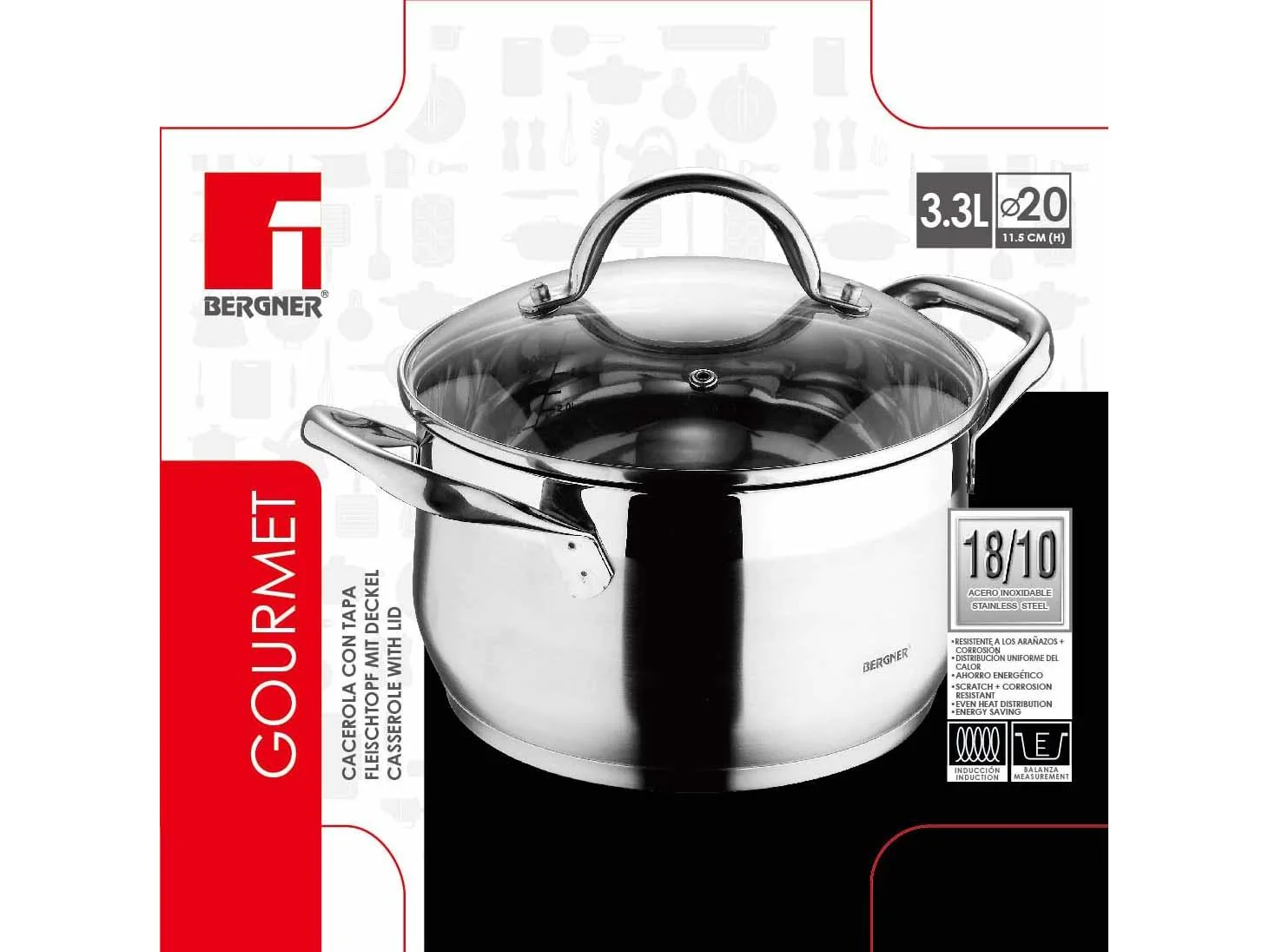Bergner - Cacerola 20x11.5cm 3.3l C/t Gourmet Acer.inox - Image 2