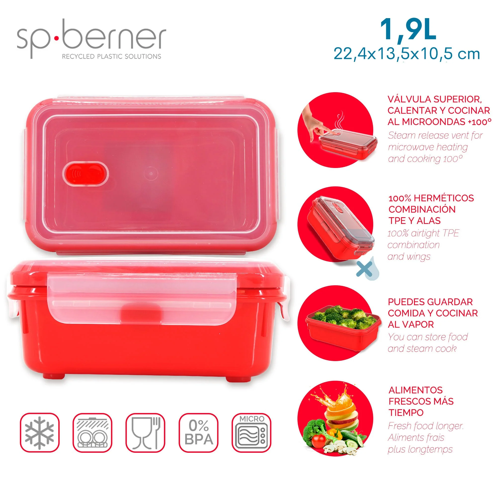 Super Lock Micro 1,9 L. hermético, adequado para cozer a vapor no micro-ondas, ideal para transportar e armazenar alimentos, fecho de correr, válvula - Image 3