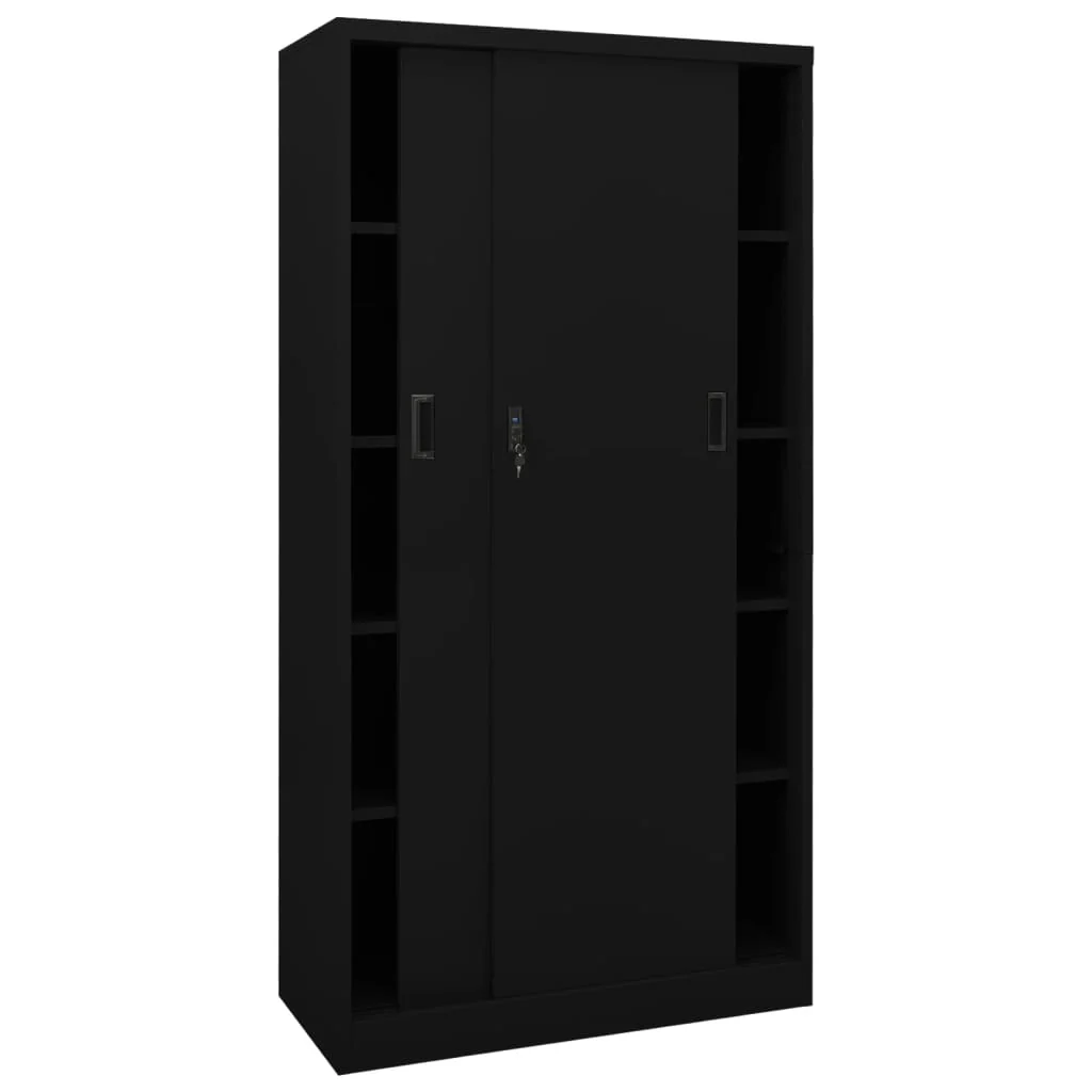 Armário de escritório com porta de correr em aço Preto 90x40x180cm - Image 3