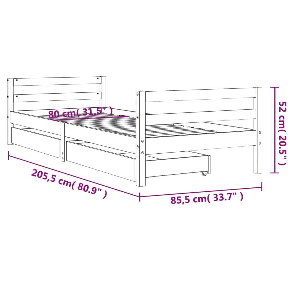 Vidaxl Estrado de cama de criança com gavetas em madeira de pinho branco 80x200 Cm - Image 3