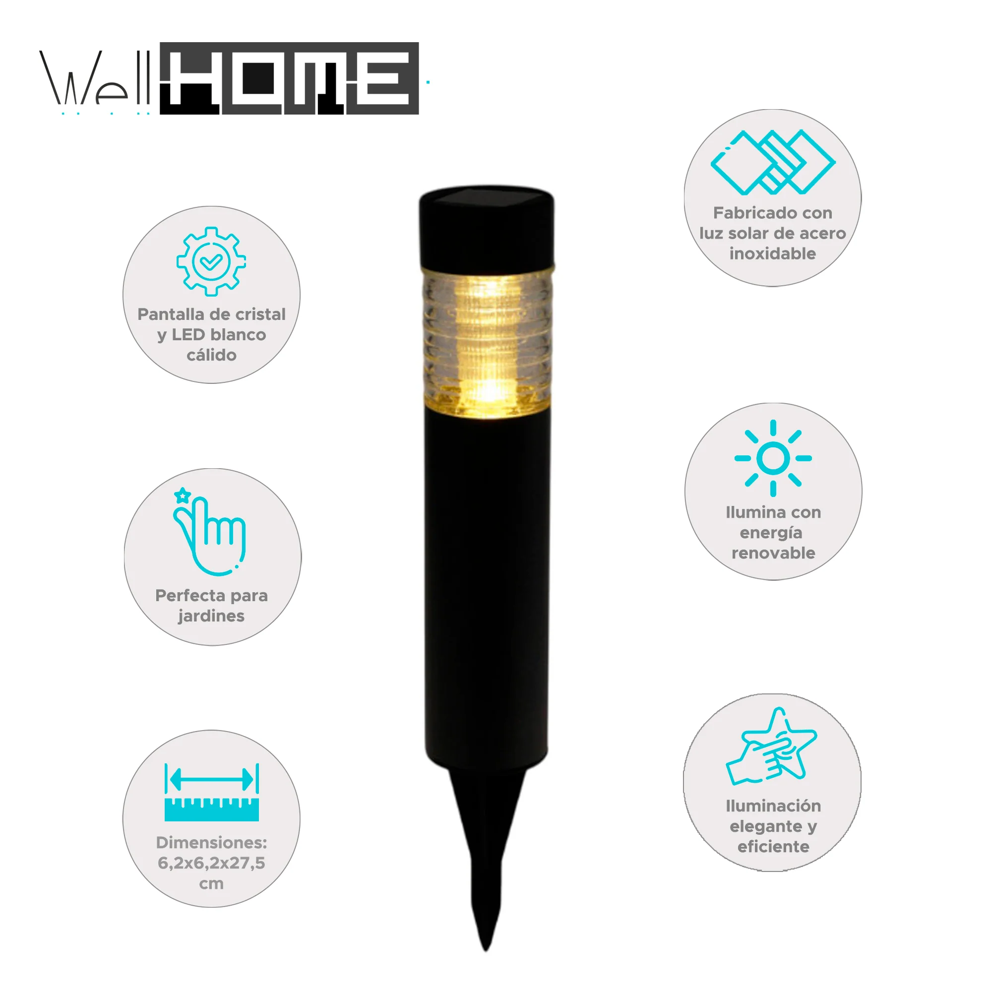 Lâmpada solar Well Home em aço inoxidável com abajur de vidro e LEDs brancos quentes Ø6x27cm - Image 2