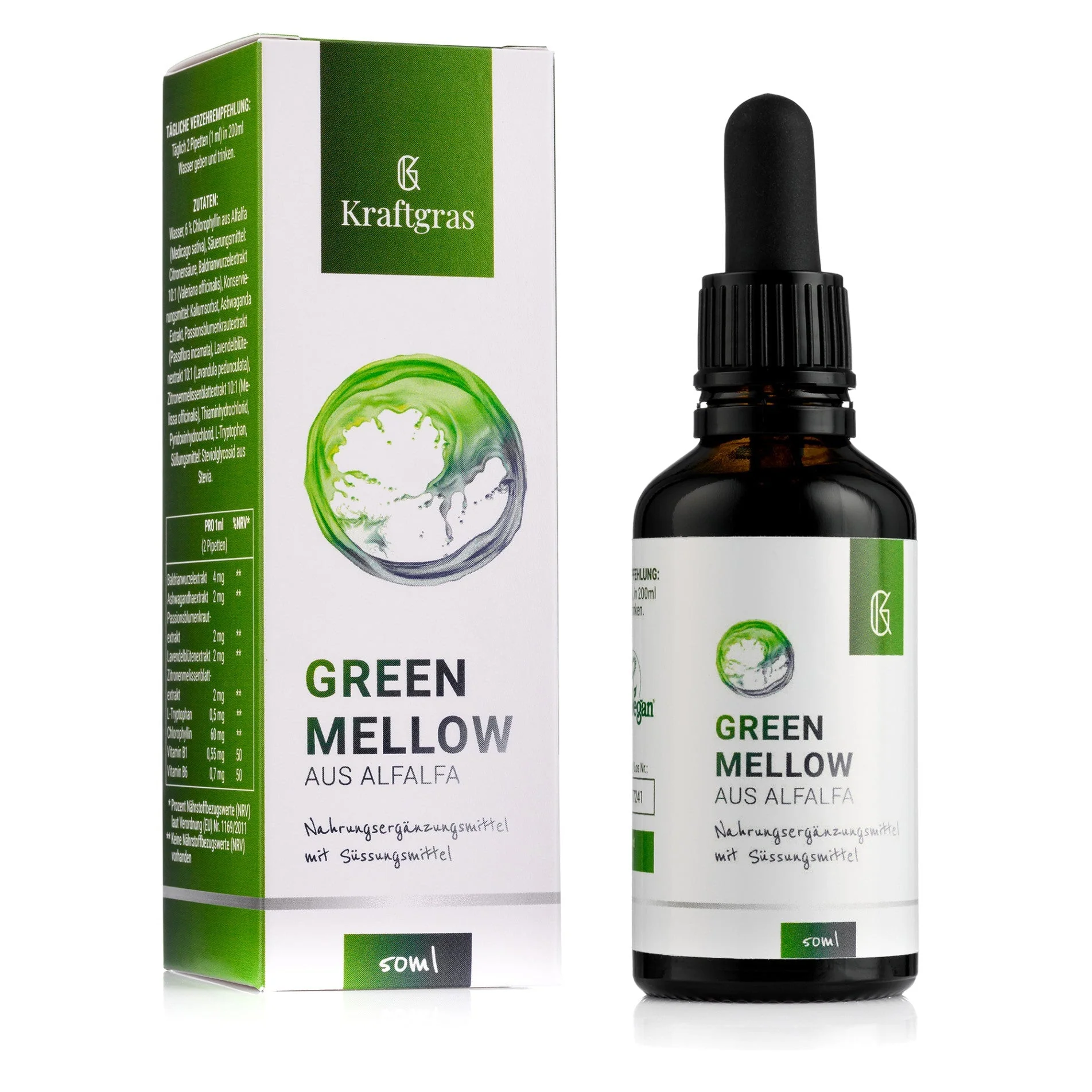 Kraftgras - Green Mellow Drops (50 ml) - clorofila de alfafa líquida, extractos de plantas e L-triptofano (vegan)